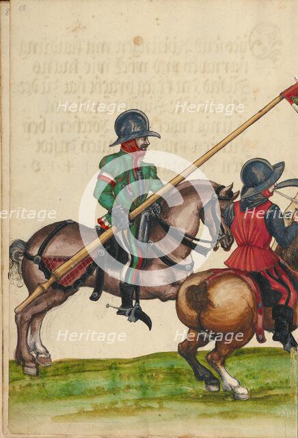 Three Horsemen in Armor from the Time of Emperor Sigismund; Tournament Book, about 1560-1570. Creator: Unknown.