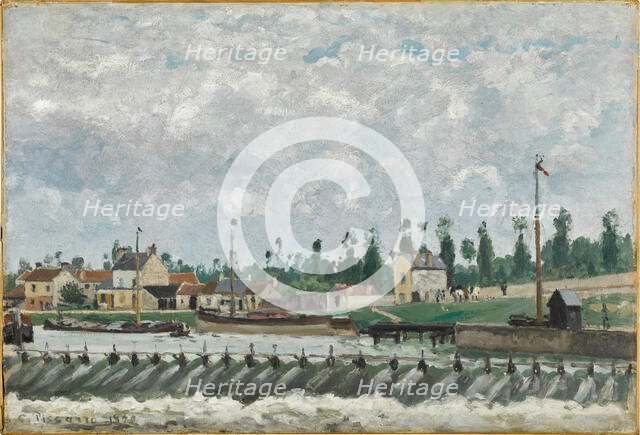 Le Déversoir et l'écluse à Saint-Ouen-L'Aumône, 1872. Creator: Pissarro, Camille (1830-1903).