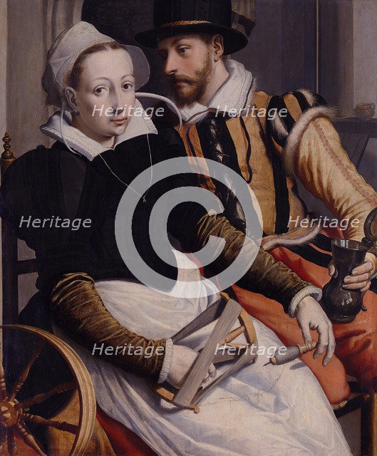 Man and Woman at the Spinning Wheel, c. 1570. Artist: Pietersz, Pieter, the Elder (1540-1603)