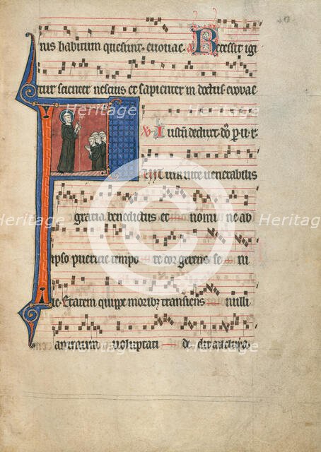 Initial F: Saint Benedict Blessing a Group of Monks; Antiphonal, about 1260-1270. Creator: Unknown.