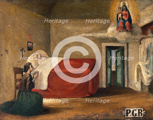 A woman in bed, a second woman kneeling beside her in prayer to the Virgin and Child, 19th century. Creator: Unknown.
