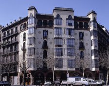 Façade of Manuel Llopis i Bofill House in Bailen - Valencia streets in Barcelona, designed by Ant…