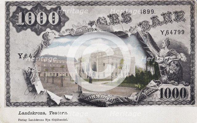 Landskrona Theatre, Sweden, framed by a 1000 crowns note, c1900s(?). Artist: Unknown