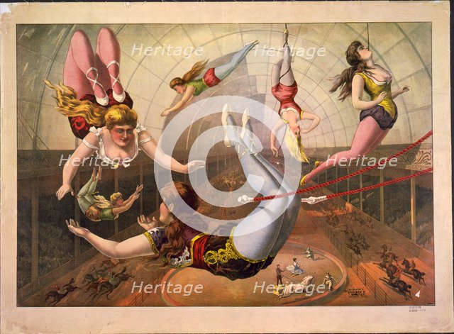 Female acrobats on trapezes at circus, c. 1890. Artist: Calvert Litho. Co.  