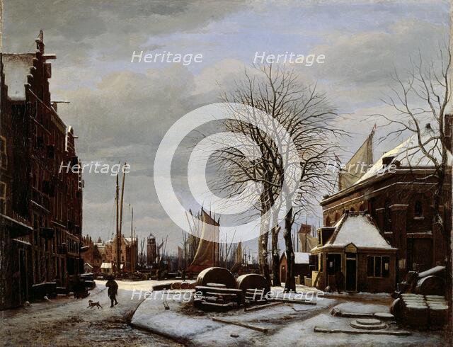 Slijpsteenmarkt (Whetstone Market) in Amsterdam with the Building 'Het Zeerecht' in Winter..., 1817. Creator: George Pieter Westenberg.