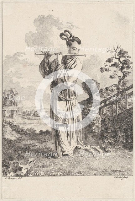 Chinoiserie with a woman playing a flute, from Suite de Figures Chinoises. . .Tiré du C..., 1755-76. Creator: Jean-Pierre Houel.