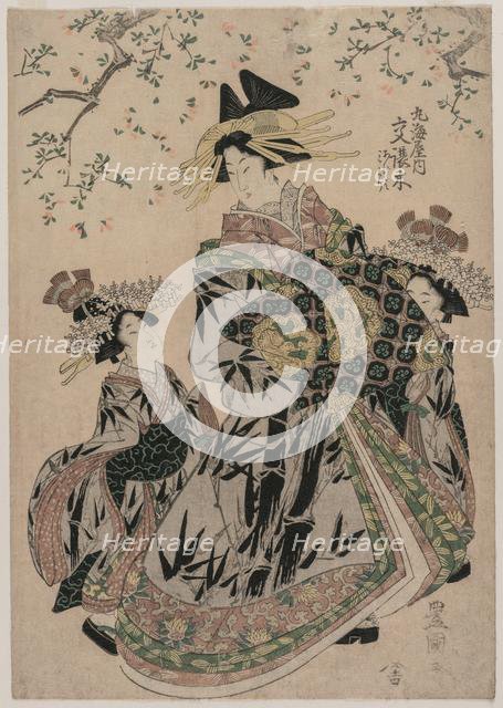 The Courtesan Katakoshigi (?) of Maruebiya with her Kamuro Ageha and Midori, c. 1805. Creator: Utagawa Toyokuni (Japanese, 1769-1825).