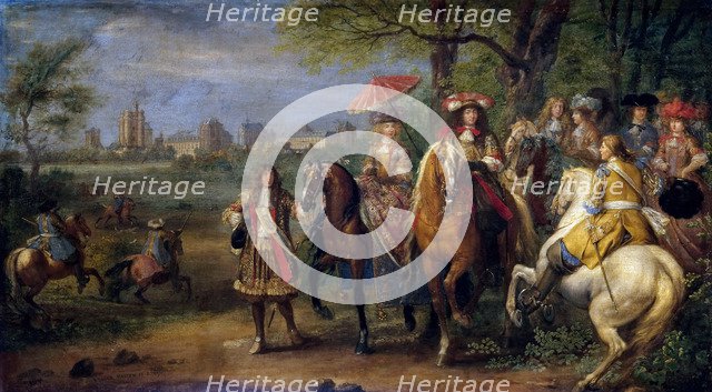 Chateau de Vincennes with Louis XIV and Marie Therese with their Court in 1669. Artist: Meulen, Adam Frans, van der (1632-1690)