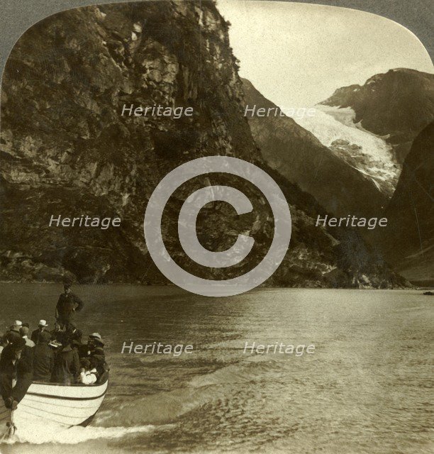 'Tourists crossing Lake Loen - view across to a huge glacier, Norway', c1905. Creator: Unknown.