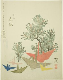 Pine Branches and Paper Cranes, c. 1821. Creator: Niwa Tokei.