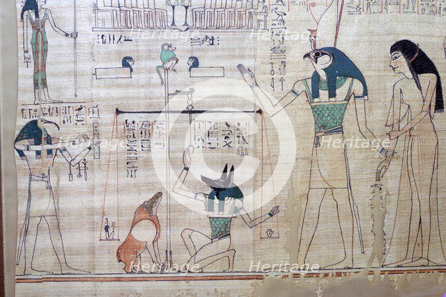 Weighing of the heart of the deceased against the feather of truth from the Egyptian Book of the Dea Artist: Unknown