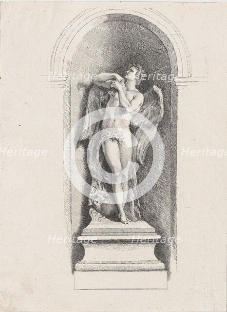 Standing male angel looking up and holding a flute; after Fon..., possibly mid to late 18th century. Creator: Anon.