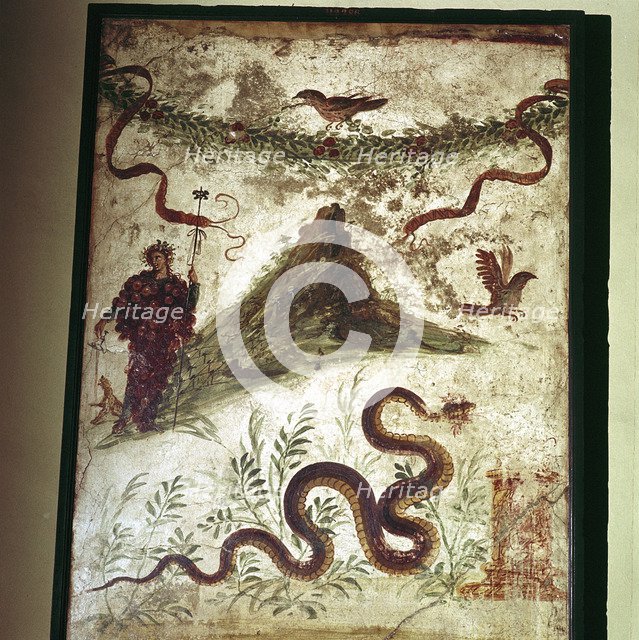 Roman wallpainting showing Mount Vesuvius and Bacchus (Dionysus) or the Genius Loci, Pompeii, Italy. Creator: Unknown.