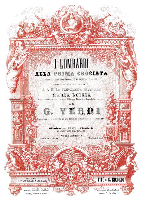 Cover of the vocal score of opera I Lombardi alla prima crociata by Giuseppe Verdi, 1861.
