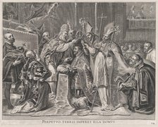 Plate 24: Charles V crowned Emperor by the Pope; from Guillielmus Becanus's 'Serenissimi P..., 1636. Creator: Pieter de Jode II.