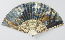 Folding fan with forest and river landscape, and three nymphs, c.1760. Creator: Anon.