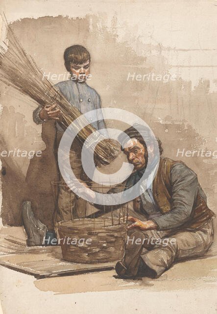 Seated basket weaver with standing boy, 1874-1925. Creator: Jan Veth.