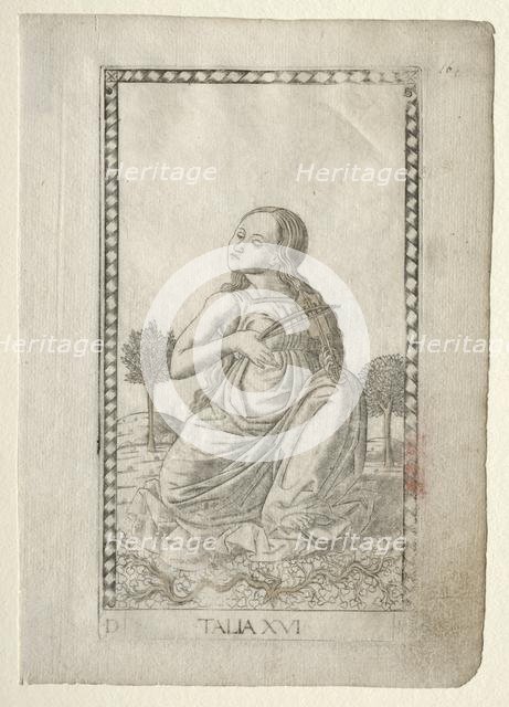 Thalia (comedy, pastoral poetry) (from the Tarocchi series D..., before 1467. Creator: Master of the E-Series Tarocchi (Italian, 15th century).