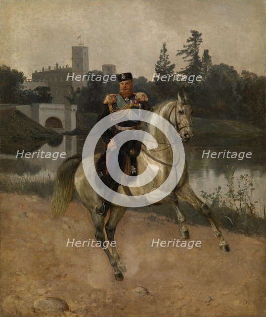 Equestrian portrait of the Emperor Alexander III (1845-1894) at Gatchina. Artist: Schilder, Nikolai Gustavovich (1828-1898)