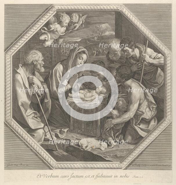 The adoration of the shepherds who kneel together at right before the infant Christ..., ca. 1655-93. Creator: François de Poilly.