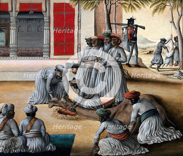 Indian men slaughtering a camel; a sheep being skinned in the background. Creator: Unknown.