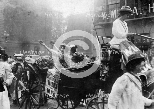 Mary Leigh and Edith New on their release from Holloway Gaol on August 1908. Artist: Unknown