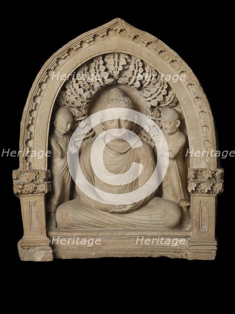 Buddha and two monks, 3rd cen. AD. Creator: Central Asian Art.