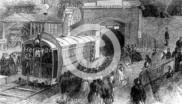The first pneumatic passenger car, London, 1864. Artist: Unknown