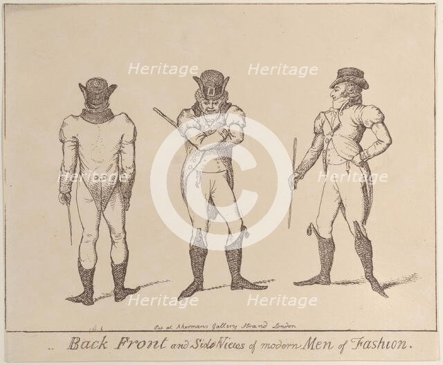 Back, Front, and Side Views of Modern Men of Fashion: Fashions a little before 1800, c..., ca. 1800. Creator: Anon.