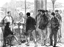 The Universities' Boat-Race on the Thames: weighing the crew, 1874. Creator: Unknown.
