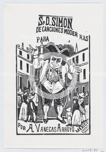 A man shrugging his shoulders towering over buildings and people..., ca. 1880-1910. Creator: José Guadalupe Posada.