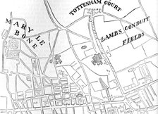 Map of Rathbone Place and its neighbourhood, Westminster, London, 1746 (1878). Artist: Unknown.