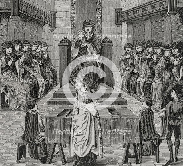 Chapter of the Order of the Golden Fleece held by Charles the Bold, (1433-1477), 1877.  Creators: Claude-Francois Maradan, Jules Jean Marie Joseph Huyot.