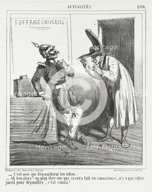 C'est moi qui dépouillerai les votes. -Eh bien alors! on peut-être sur que ce sera fait en..., 1865. Creator: Cham.