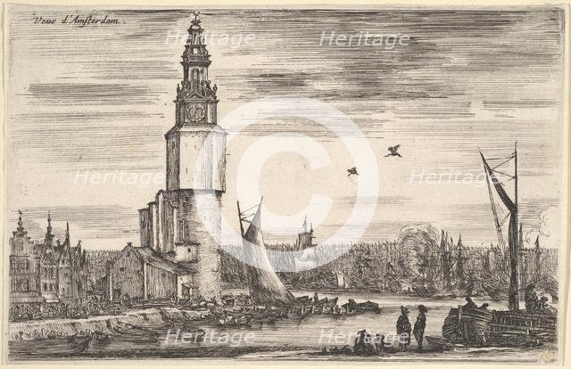 View of Amsterdam (Vue d'Amsterdam), a tower and houses to left, men standing on the pier ..., 1647. Creator: Stefano della Bella.