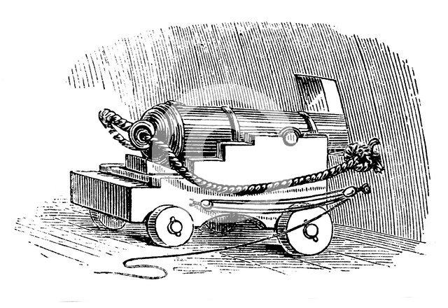 Ship cannon on gun carriage, Wood engraving, 1884. Artist: Unknown