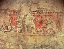 Military retinue against Almogavars, mural Painting in the old Royal Palace in Barcelona, known a…