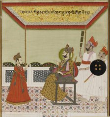 Surat Singh sits on a lion-armed throne and receives his young son, c1800. Artist: Unknown.