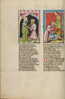 Moses Leaves Tabris, the King's Daughter, with a Magic Ring: Moses Killing an..., about 1400-10. Creator: Unknown.