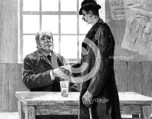 He found Dawson...smoking a pipe, and drinking hot brandy-and-water, 1883. Creator: R. Taylor.