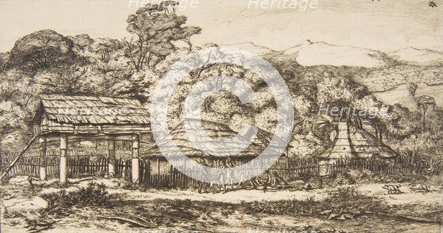 Native Barns and Huts at Akaroa, Banks Peninsula, 1845, 1860. Creator: Charles Meryon.