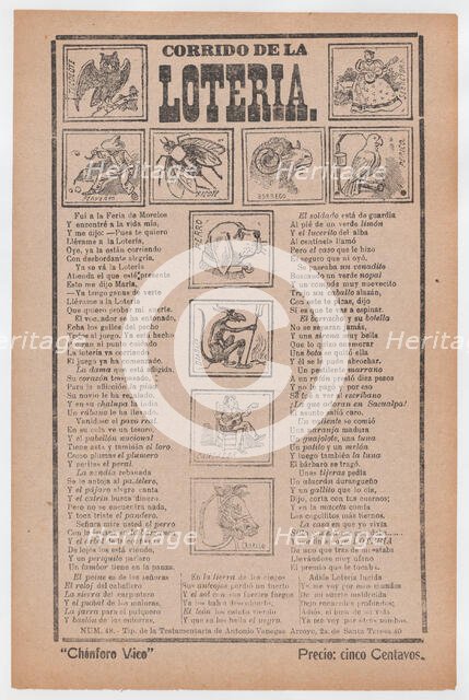 Broadsheet with a ballad about bingo, illustrations of different animals and peop..., ca. 1910-1913. Creator: José Guadalupe Posada.