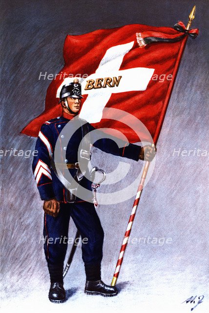 Flag bearer from the canton of Berna, c, 1912. Color engraving from 1943, published by Editions F…