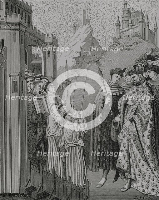 The clergy solemnly come with the cross and holy images before a lord at the door of a..., 1877.  Creators: Jules Jean Marie Joseph Huyot, J Petot.