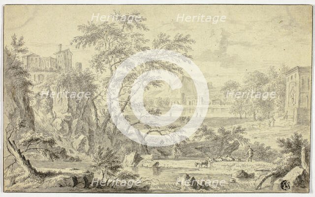 Italianate Landscape with Shepherd and Flock by Stream, Town in the Distance, n.d. Creator: Jan van Huysum.