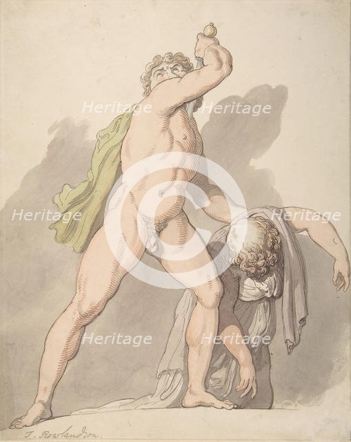 Standing Nude Man Supporting Fainting Female (Ludovisi Gaul in the Uffizi), 1780-1827. Creator: Thomas Rowlandson.
