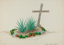 Child's Grave with Wooden Cross - Bottle Decorations, c. 1937. Creator: Majel G. Claflin.
