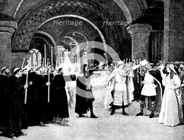 Mr. Cowen's new opera, "Harold": Harold swearing on the bones of a saint..., 1895. Creator: George Meisenbach.