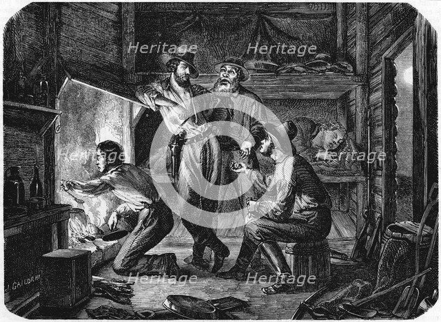 Miners in the Californian gold fields relaxing in their log cabin at night, 1853. Artist: Unknown