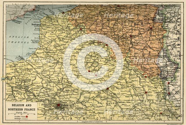 Map of Belgium and Northern France, c1914, (c1920).  Creator: John Bartholomew & Son.